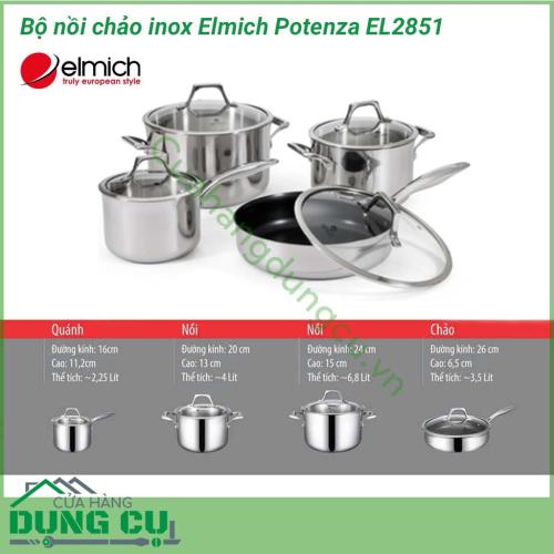 Bộ nồi chảo inox Elmich Potenza EL2851 được thiết kế đa dạng kích thước, tiện dụng. Chất liệu Inox 304 cao cấp, bền bỉ, chống ăn mòn cao, dễ dàng vệ sinh, an toàn cho sức khỏe. Sản phẩm sử dụng cho mọi loại bếp.