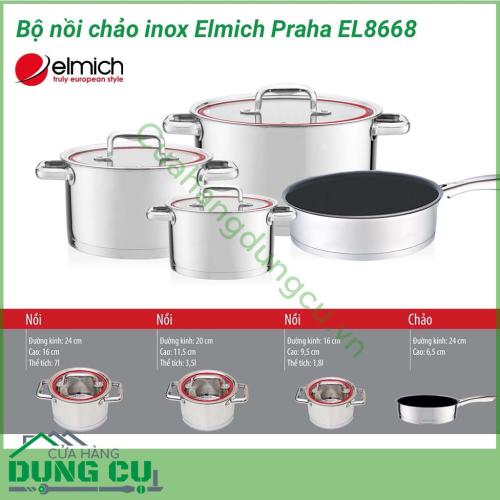 Bộ nồi chảo inox Elmich Praha EL8668 được thiết kế sang trọng, nổi bật mang phong cách châu Âu. Chất liệu inox 304, tuyệt đối an toàn cho sức khỏe.