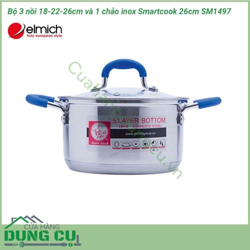 Bộ 3 nồi 18cm, 22cm, 26cm và 1 chảo inox Smartcook 26cm SM1497 được thiết kế hiện dại, sáng bóng, được nhiều ra đình lựa chọn bởi tình thẩm mỹ, độ bền cao và rất sang trọng.