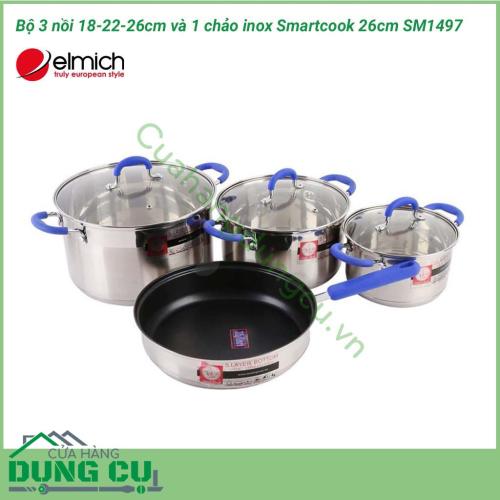 Bộ 3 nồi 18cm, 22cm, 26cm và 1 chảo inox Smartcook 26cm SM1497 được thiết kế hiện dại, sáng bóng, được nhiều ra đình lựa chọn bởi tình thẩm mỹ, độ bền cao và rất sang trọng.