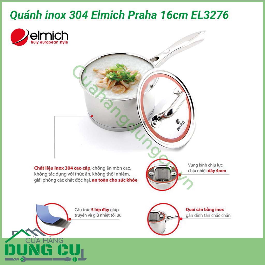 Quánh inox 304 Elmich Praha 16cm EL3276 được làm bằng chất liệu Inox 304 cao cấp có khả năng chống gỉ, chống ăn mòn, dễ lau chùi , đảm bảo an toàn tuyệt đối khi không thôi nhiễm các chất độc hại ở nhiệt độ cao, mang đến sự yên tâm cho người sử dụng.