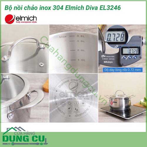 Bộ nồi - chảo - quánh inox 304 Elmich Diva EL3246 có thiết kế nhỏ gọn, hiện đại tiện lợi với 1 quánh 16cm, 2 nồi 20cm và 24cm, 1 chảo 26cm cùng màu sắc bắt mắt làm tôn thêm vẻ đẹp sang trọng cho căn bếp nhà bạn.