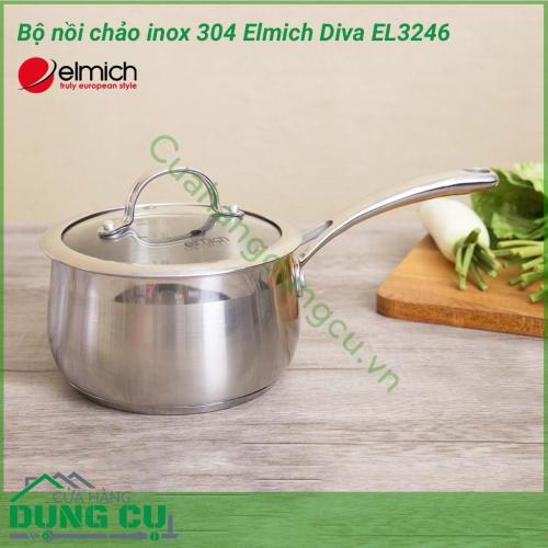 Bộ nồi - chảo - quánh inox 304 Elmich Diva EL3246 có thiết kế nhỏ gọn, hiện đại tiện lợi với 1 quánh 16cm, 2 nồi 20cm và 24cm, 1 chảo 26cm cùng màu sắc bắt mắt làm tôn thêm vẻ đẹp sang trọng cho căn bếp nhà bạn.