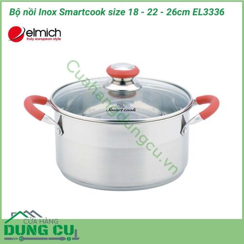 Bộ nồi inox Smartcook 3 chiếc cỡ 18 - 22 - 26cm EL3336 dùng được trên bếp từ. Với 3 chiếc nồi này bạn có thể nấu nhiều món ăn khác nhau cùng lúc hoặc có thể lựa chọn chiếc nồi cho phù hợp với lượng thực phẩm nấu. 