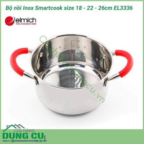 Bộ nồi inox Smartcook 3 chiếc cỡ 18 - 22 - 26cm EL3336 dùng được trên bếp từ. Với 3 chiếc nồi này bạn có thể nấu nhiều món ăn khác nhau cùng lúc hoặc có thể lựa chọn chiếc nồi cho phù hợp với lượng thực phẩm nấu. 