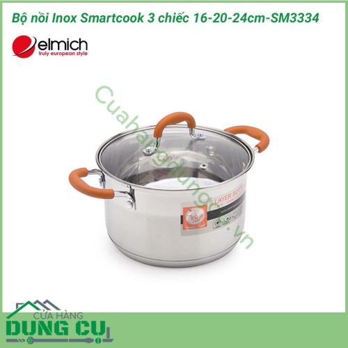 Bộ nồi Inox Smartcook 3 chiếc cỡ 16cm, 20cm, 24cm-SM3334 làm bằng inox 201 hay thép không gỉ 18/8 không tác dụng với thức ăn, không thôi nhiễm giải phóng các chất có hại cho sức khỏe.