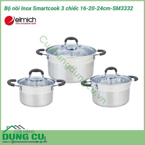 Bộ nồi inox Smartcook 3 chiếc cỡ 16cm, 20cm, 24cm-SM3332 làm bằng inox 201 hay thép không gỉ 18/8 không tác dụng với thức ăn, không thôi nhiễm giải phóng các chất có hại cho sức khỏe.