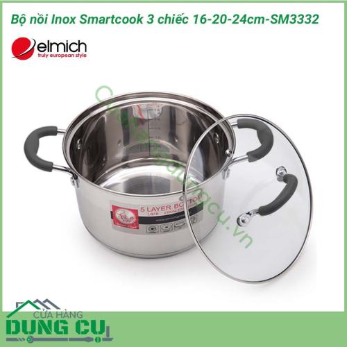 Bộ nồi inox Smartcook 3 chiếc cỡ 16cm, 20cm, 24cm-SM3332 làm bằng inox 201 hay thép không gỉ 18/8 không tác dụng với thức ăn, không thôi nhiễm giải phóng các chất có hại cho sức khỏe.