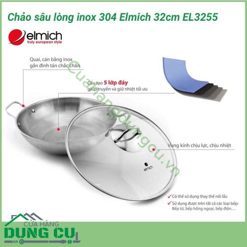 Chảo sâu lòng inox 304 Elmich 32cm EL3255 được làm từ Inox 304, chống ăn mòn cao, không tác dụng với thức ăn, không thôi nhiễm, giải phóng các chất độc hại, tuyệt đối an toàn cho sức khỏe