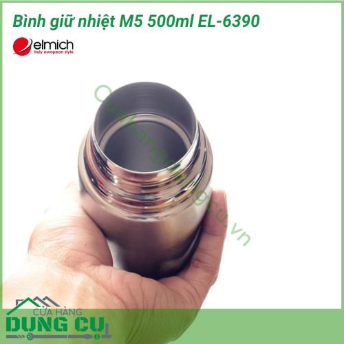 Bình giữ nhiệt M5 500ml EL-6390 với dung tích sử dụng 500 ml được sản xuất theo nguyên tắc kín hơi, cấu tạo bình bằng hai lớp inox trong, ngoài và ở giữa được hút chân không. Màu sắc sang trọng, kiểu dáng đơn giản, gọn nhẹ dễ mang theo.