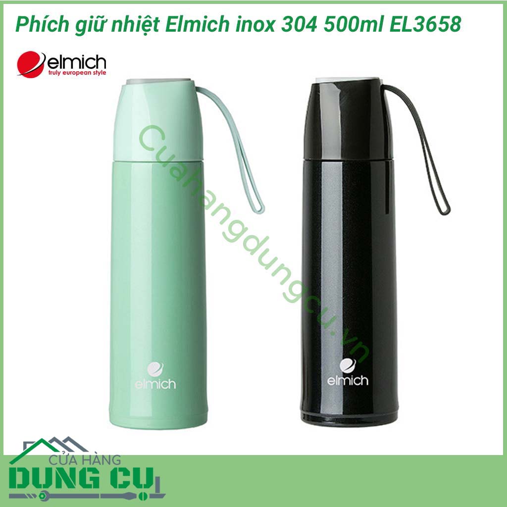 Phích giữ nhiệt Elmich inox 304 500ml EL3658 có màu xanh ngọc và đen bóng đẹp mắt, dung tích 500ml trữ thức uống đủ cho 1 người dùng, nhỏ gọn dễ mang theo ra ngoài. 