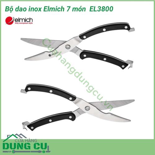 Bộ dao inox Elmich 7 món (4 dao, 1 kéo, 1 thanh mài dao, 1 giá để dao) EL3800 được làm từ inox cao cấp không gỉ, an toàn cho sức khỏe. Bộ sản phẩm có độ cứng đạt tới 52HRC khiến cho dao sắc và bền bỉ hơn. Kích cỡ dao vừa tay giúp sử dụng dễ dàng.