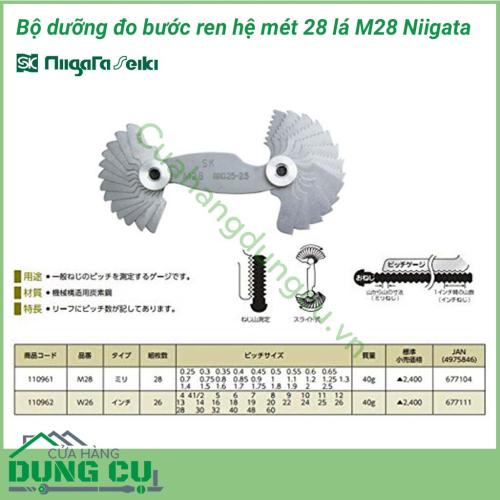 Bộ dưỡng đo bước ren hệ mét 28 lá M28 Niigata có thiết kế nhỏ gọn dễ dàng mang theo sử dụng hoặc cất khi không sử dụng. Sản phẩm được là từ vật liệu cao cấp, thân thiện với môi trường, không bị gỉ thích hợp với môi trường Việt Nam.