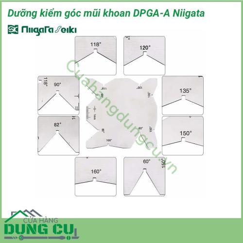 Dưỡng kiểm góc mũi khoan DPGA-A Niigata được làm bằng chất liệu inox cao cấp không gỉ, sử dụng dùng để đo góc đỉnh mũi khoan sau khi mài.