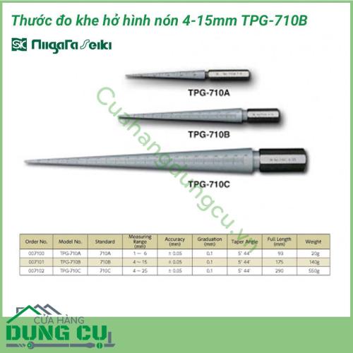 Thước đo khe hở hình nón 4-15mm TPG-710B được làm bằng chất liệu thép SK có độ cứng cao, không bị mài mòn và gỉ sét sau thời gian dài sử dụng. Thước sản xuất trên được ứng dụng rộng rãi trong các ngành chế tạo cơ khí, sửa chữa chi tiết máy móc..