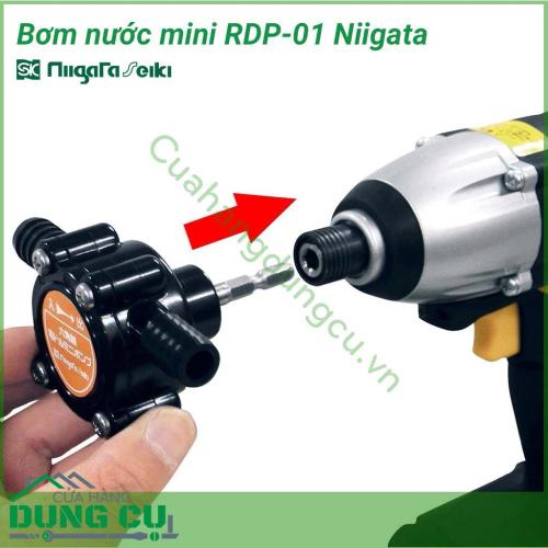 Bơm nước mini RDP-01 Niigata được nhập khẩu ở Nhật Bản chuyên dùng để cấp hoặc thoát nước, hoạt động nhờ máy khoan cầm tay. Được sử dụng trong các nhà máy, công trình, cũng như dân dụng (thay nước cho bể cá..).