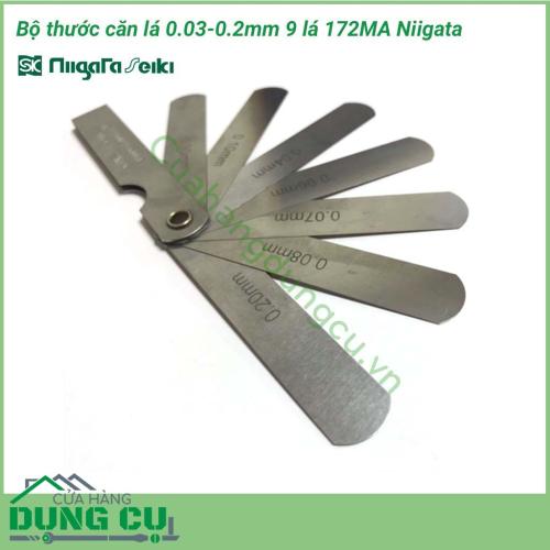 Thước căn lá 0.03-0.2mm 9 lá 172MA Niigata gồm 9 lá được sản xuất theo công nghệ hiện đại từ nhà máy có đầy đủ trang thiết bị ở Nhật Bản, các lá thước được làm từ kim loại nên khá là chắc chắn và không bị mài mòn và gỉ sét theo thời gian.