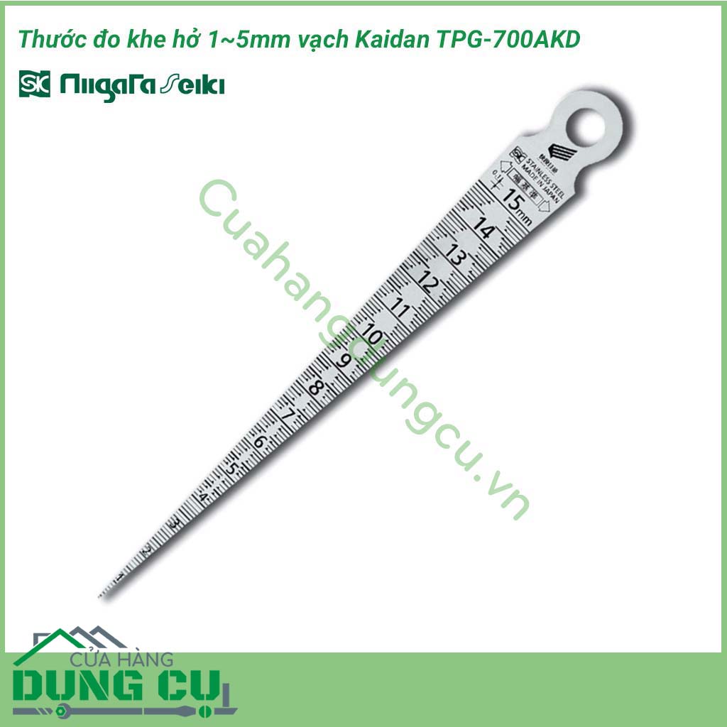 Thước đo khe hở 1-5mm vạch Kaidan TPG-700AKD Niigata được làm bằng chất liệu inox SUS420J2 cao cấp, sử dụng để đo kích thước khe hở, đo rãnh, đo đường kính lỗ, đo chiều dài.