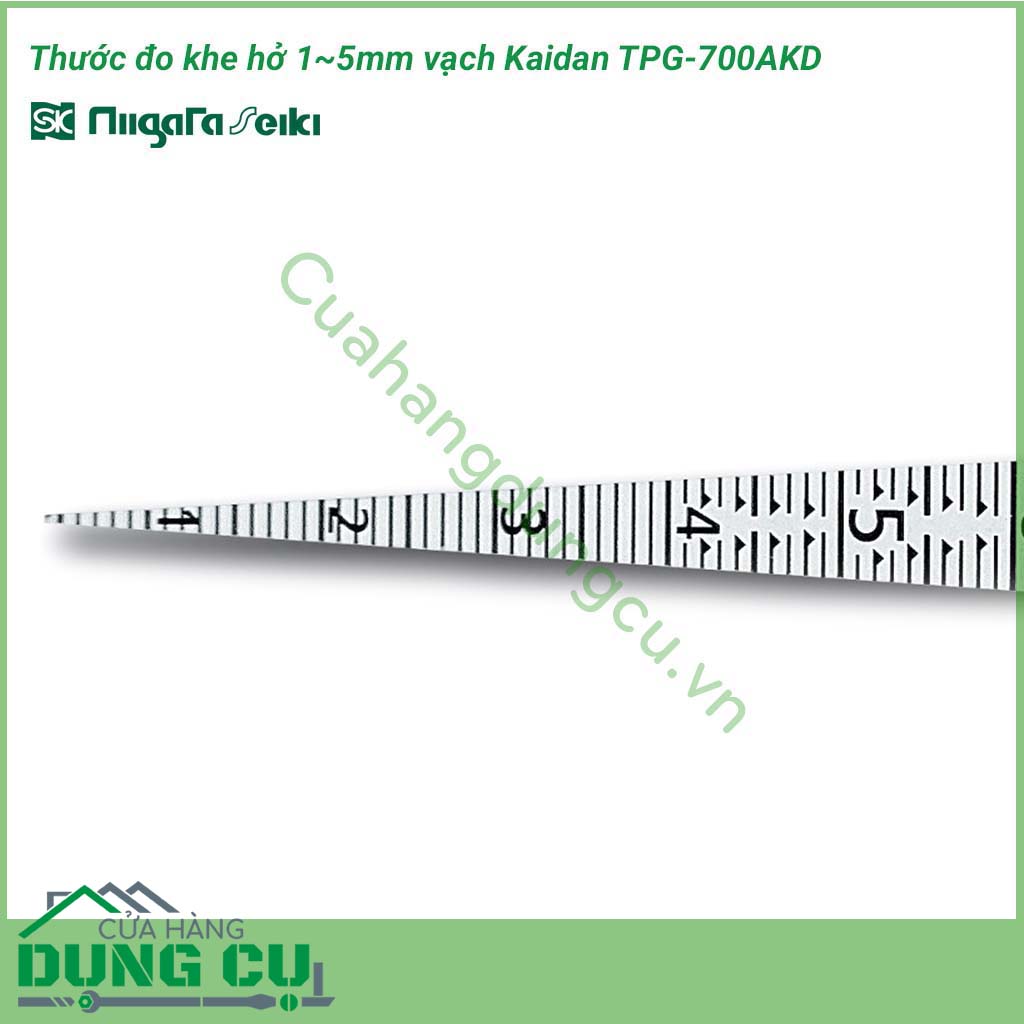 Thước đo khe hở 1-5mm vạch Kaidan TPG-700AKD Niigata được làm bằng chất liệu inox SUS420J2 cao cấp, sử dụng để đo kích thước khe hở, đo rãnh, đo đường kính lỗ, đo chiều dài.