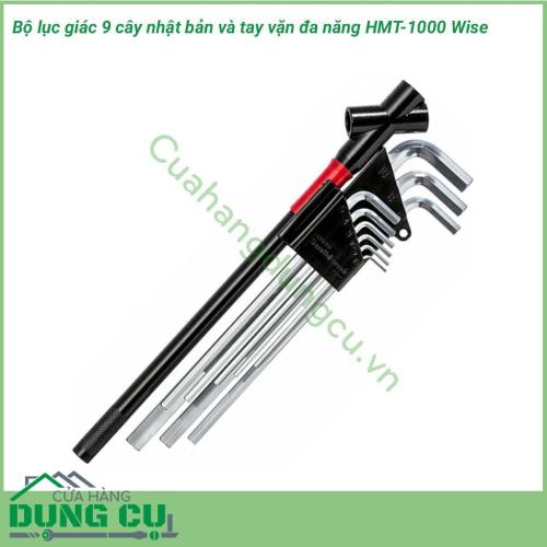 Bộ lục giác 9 cây nhật bản NO.1500 HMT-1000 Wise gồm: Lục giác size: 1.5mm, 2mm, 2.5mm, 3mm, 4mm, 5mm, 6mm, 8mm, 10mm và 1 tay vặn. Sản phẩm được làm bằng chất liệu thép cao cấp rất cứng cáp, chịu được cả nhiệt độ cao.