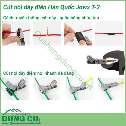 Đầu nối dây điện Hàn Quốc Jowx T-2 mô phỏng hàm cá mập với lõi cút mạ đồng tăng khả năng dẫn điện, khớp nối rất chắc chắn. Vỏ nhựa dẻo chịu nhiệt bền đẹp. Cút nối dây điện đa năng bao gồm nhiều kích cỡ khác nhau.