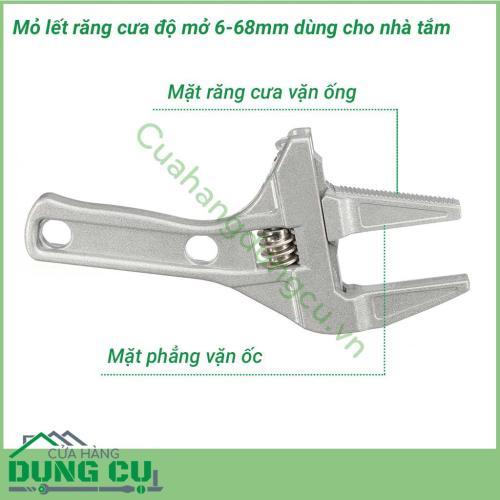 Mỏ lết nhà tắm độ mở lớn từ 6-68mm răng cưa được thiết kế thông minh, sáng tạo với 1 mặt có răng cưa giúp dễ dàng vặn các ốc hay ống dễ dàng. 