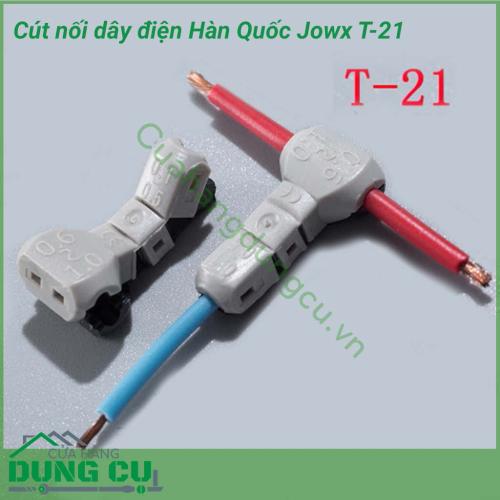 Kẹp nối dây điện Jowx Hàn Quốc T-21 giúp bạn có những mối nối điện nhanh chóng, gọn gàng, an toàn, chắc chắn. Cách đấu nối cút mô phỏng hàm cá mập với lõi cút bằng hợp kim đồng tăng khả năng dẫn điện, khớp nối rất chắc chắn. 