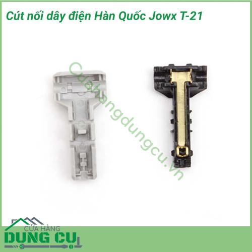 Kẹp nối dây điện Jowx Hàn Quốc T-21 giúp bạn có những mối nối điện nhanh chóng, gọn gàng, an toàn, chắc chắn. Cách đấu nối cút mô phỏng hàm cá mập với lõi cút bằng hợp kim đồng tăng khả năng dẫn điện, khớp nối rất chắc chắn. 