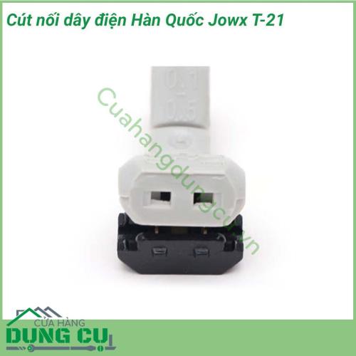 Kẹp nối dây điện Jowx Hàn Quốc T-21 giúp bạn có những mối nối điện nhanh chóng, gọn gàng, an toàn, chắc chắn. Cách đấu nối cút mô phỏng hàm cá mập với lõi cút bằng hợp kim đồng tăng khả năng dẫn điện, khớp nối rất chắc chắn. 