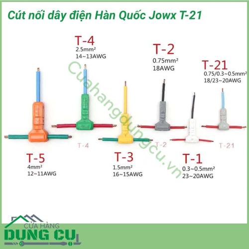 Kẹp nối dây điện Jowx Hàn Quốc T-21 giúp bạn có những mối nối điện nhanh chóng, gọn gàng, an toàn, chắc chắn. Cách đấu nối cút mô phỏng hàm cá mập với lõi cút bằng hợp kim đồng tăng khả năng dẫn điện, khớp nối rất chắc chắn. 