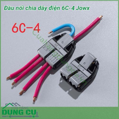 Đầu nối chia dây điện 1 đầu ra nhiều đầu dây điện Jowx 6C-4 giúp bạn có những mối nối điện đôi nhanh chóng, gọn gàng, an toàn, chắc chắn. Không cần cắt dây, không cần dùng băng dính điện. Tốc độ thi công dây điện nhanh gọn.