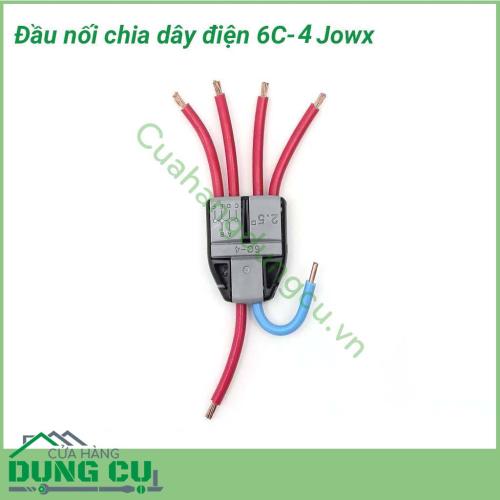 Đầu nối chia dây điện 1 đầu ra nhiều đầu dây điện Jowx 6C-4 giúp bạn có những mối nối điện đôi nhanh chóng, gọn gàng, an toàn, chắc chắn. Không cần cắt dây, không cần dùng băng dính điện. Tốc độ thi công dây điện nhanh gọn.