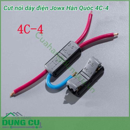 Đầu nối dây điện nhanh 4C-4 Jowx không cần băng dính giúp bạn có những mối nối điện nhanh chóng,gọn gàng, an toàn, chắc chắn. Đầu nối dây điện nhanh 4C-4 mô phỏng hàm cá mập với lõi cút mạ đồng tăng khả năng dẫn điện, khớp nối rất chắc chắn.