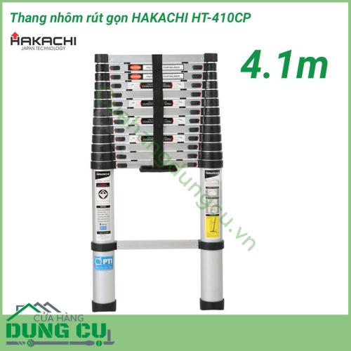 Thang nhôm rút gọn đơn Hakachi HT-410CP với chiều cao tối đa 4,1m khi mở thang, 14 bậc, trọng lượng nhẹ và kích thước khi rút gọn chỉ hơn 89 cm. Thiết kế thông minh, đa năng, bền bỉ và an toàn tuyệt đối cho người sử dụng