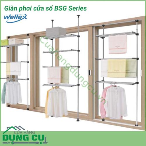 Giàn phơi quần áo cửa sổ Wellex BSG được thiết kế thông minh, sử dụng nguyên lý của cột chống, dễ dàng để lắp đặt. Sản phẩm có thể điều chỉnh chiều dài, vị trí giá, khi không sử dụng có thể gấp lại được.