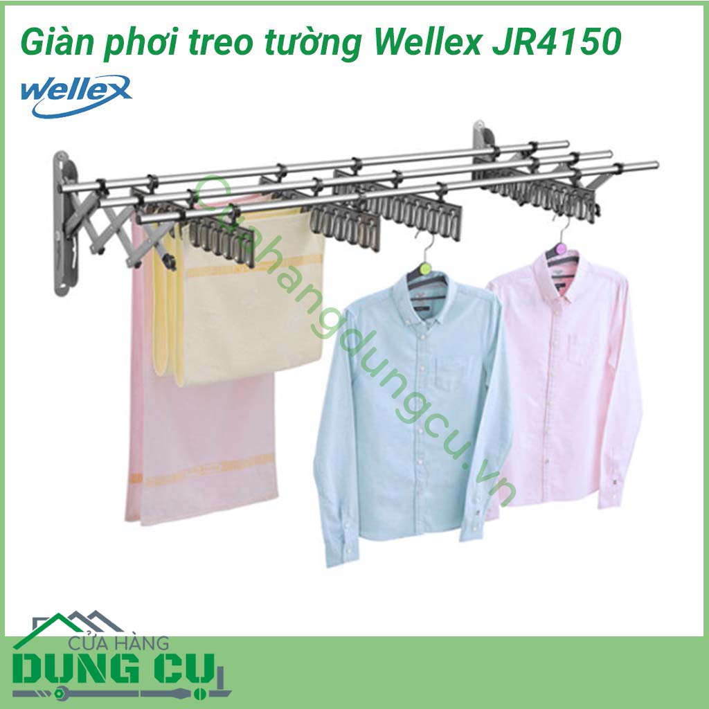 Giá phơi đồ inox co giãn thông minh Wellex JR4150 với thiết kế hiện đại, kích thước nhỏ gọn, có thể gấp lại một cách tiện lợi khi không sử dụng. Wellex JR4150 cho bạn thoải mái để đồ, nhu cầu phơi quần áo trên cao mà không tốn nhiều diện tích.