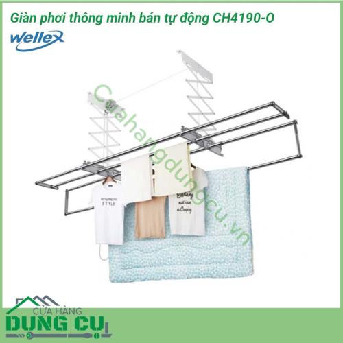 Giàn phơi bán tự động treo trần Wellex Hàn Quốc CH4190-O cho phép nâng tối đa 30kg quần áo nặng chỉ bằng một nút bấm. Xử lý công việc phơi đồ của bạn mà không làm tốn quá nhiều công sức.