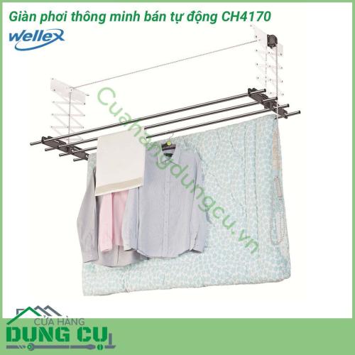 Giàn phơi thông minh bán tự động Wellex CH4170 bền đẹp chắc chắn Vật liệu cứng cáp kết hợp cùng khả năng chịu lực tốt giúp bạn treo quần áo an toàn dễ dàng. Giàn phơi thông minh Wellex CH4170 phù hợp lắp đặt trong mọi điều kiện không gian