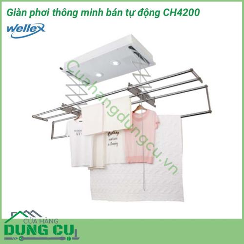 Giàn phơi tự động treo trần 4 thanh Wellex CH4200 được làm từ chất liệu thép không gỉ và nhựa polycarbonate bền bỉ, chịu được tác động lực lớn, bền bỉ với môi trường. Cho phép nâng 30kg quần áo (tải trọng thiết kế)