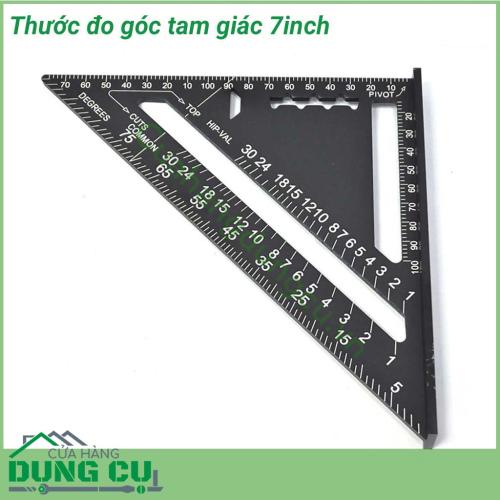 Thước đo tam giác 7 inch được làm từ hợp kim nhôm chắc chắn, độ cứng cao, dẻo dai, không dễ han gỉ. Thước đo là dụng cụ hữu ích không thể thiếu dành cho thợ mộc.