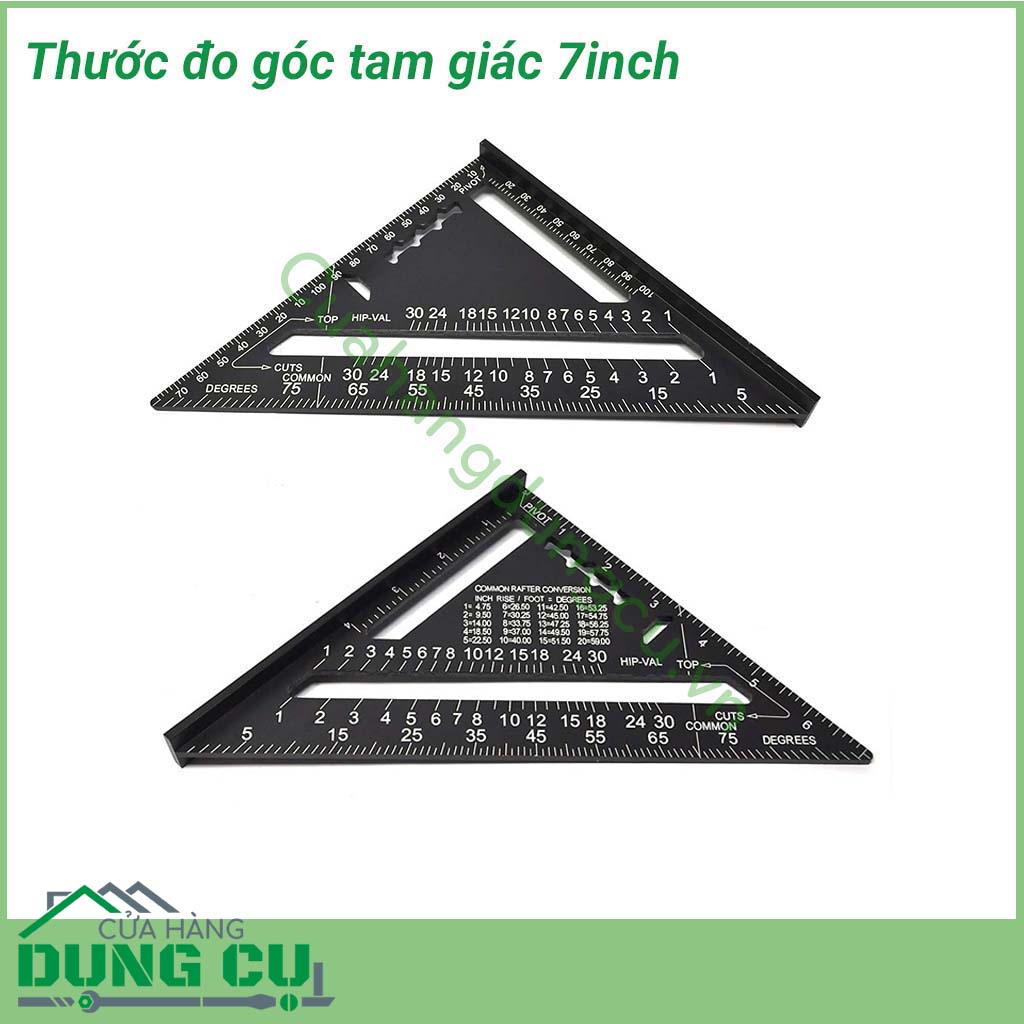 Thước đo tam giác 7 inch được làm từ hợp kim nhôm chắc chắn, độ cứng cao, dẻo dai, không dễ han gỉ. Thước đo là dụng cụ hữu ích không thể thiếu dành cho thợ mộc.