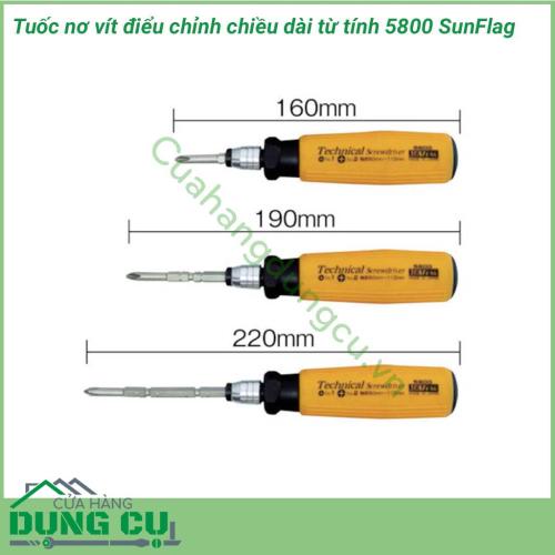 Tuốc nơ vít điều chỉnh chiều dài từ tính 5800 SUNFLAG sử dụng để vặn ốc vít bake (4 cạnh). Tuốc nơ vít được ứng dụng rộng trong ngành điện - điện tử- viễn thông, nội thất, xây dựng, bảo dưỡng lắp ráp thiết bị công nghiệp...