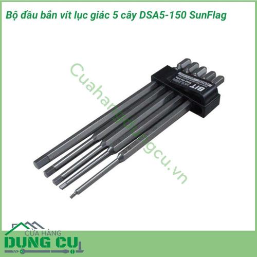 Bộ đầu bắn vít lục giác 5 cây SUNFLAG DSA5-150 sử dụng để bắt bu lông lục giác chìm, vít lục giác chìm, ốc lục giác chìm. Ứng dụng trong ngành xây dựng, ngành nội thất, bảo dưỡng máy móc, thiết bị...