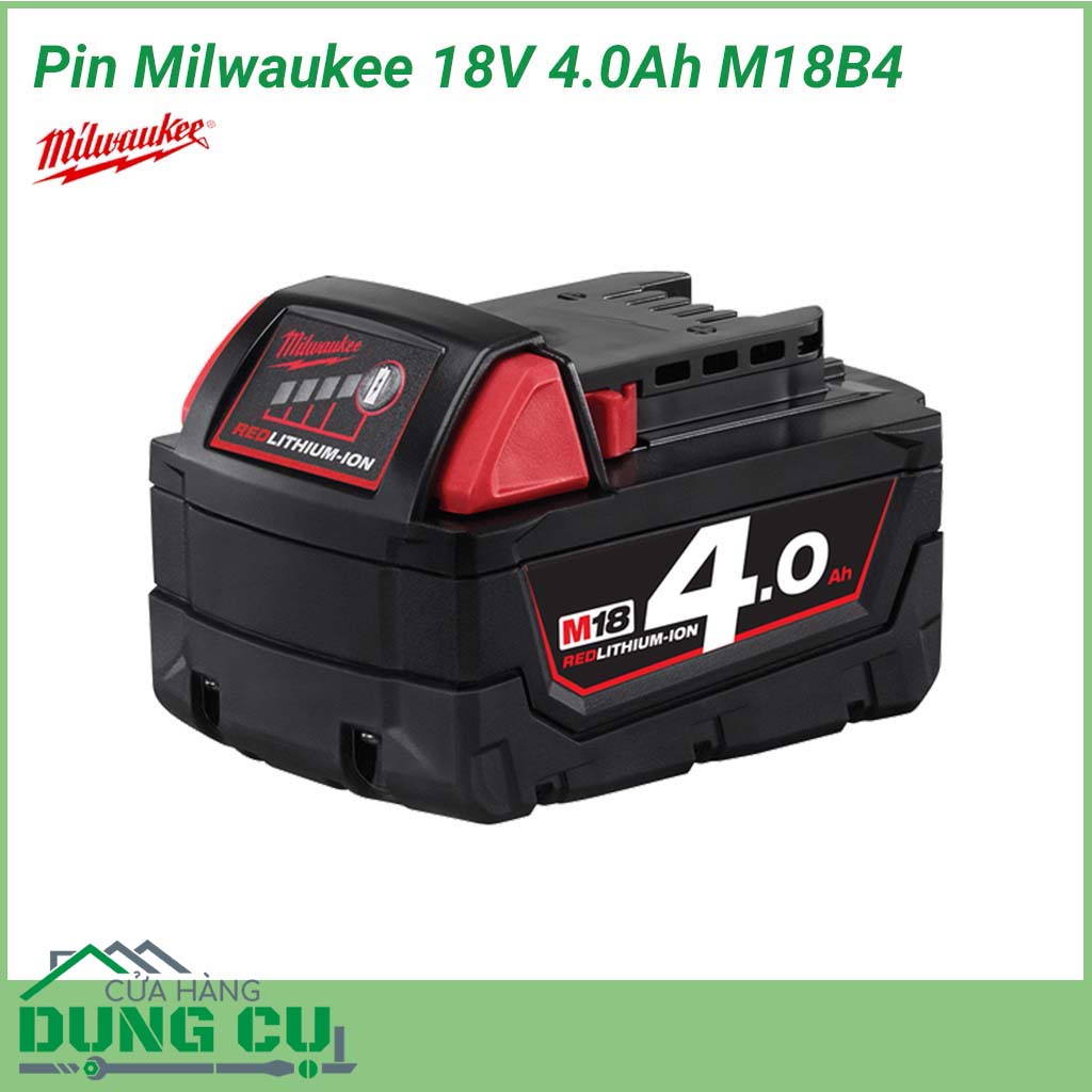 Pin Milwaukee 18V 4.0Ah M18B4 mang lại nhiều công việc hơn trong suốt cả ngày và trong suốt thời gian sử dụng pin của bạn. Cung cấp thời gian chạy nhiều hơn tới 40%, năng lượng nhiều hơn 20% và sạc lại nhiều hơn 50% so với pin lithium-Ion thông thường.