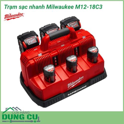 Trạm sạc nhanh Milwaukee M12-18C3 giải pháp sạc nhanh nhất để bổ sung năng lượng cho các dòng pin 12 và 18V. Thiết kế thông minh cho phép thực hiện đồng thời tối đa 3 bộ pin M18 và 3 bộ M12 thông qua 6 cổng khác nhau. Đem lại hiểu quả làm việc cao