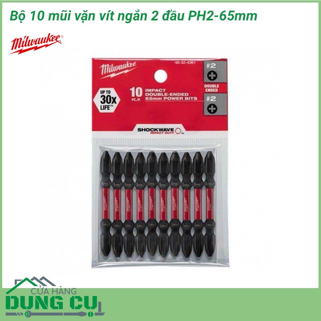 Bộ 10 mũi vặn vít ngắn 2 đầu Milwaukee PH2-65mm được làm bằng chất liệu hợp kim thép cứng cáp, không hoen gỉ hay cong vênh, mài mòn trong quá trình làm việc, cho độ bền sử dụng lâu dài theo thời gian. 