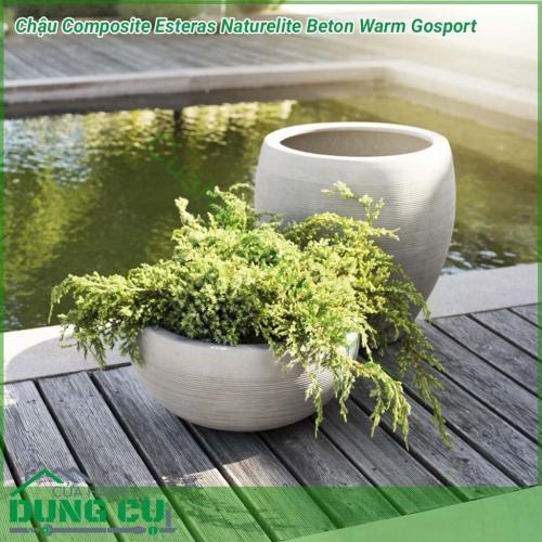 Chậu Composite Esteras Naturelite Beton Warm Gosport với ý tưởng bắt nguồn thiên nhiên, chậu nhựa composite Esteras mang thiết kế mộc mạc kết hợp màu sắc nhẹ nhàng, trang nhã đem lại sự sang trọng và tinh tế cho không gian nhà bạn