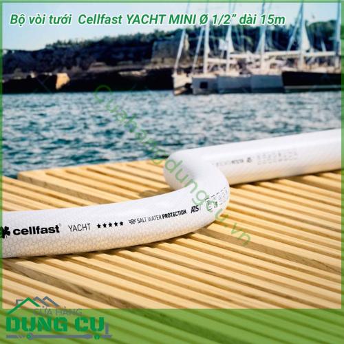 Bộ vòi tưới cây Cellfast YACHT MINI phi 1/2 inch dài 15m thiết kế gọn gàng đẹp mắt, hệ thống 15m dây cuốn gọn trong hộp cùng 1 vòi tưới cây cổ điển  tích hợp 4 chế độ phun tưới tiện dụng thích hợp cho những khu nhà vườn, biệt thự. 