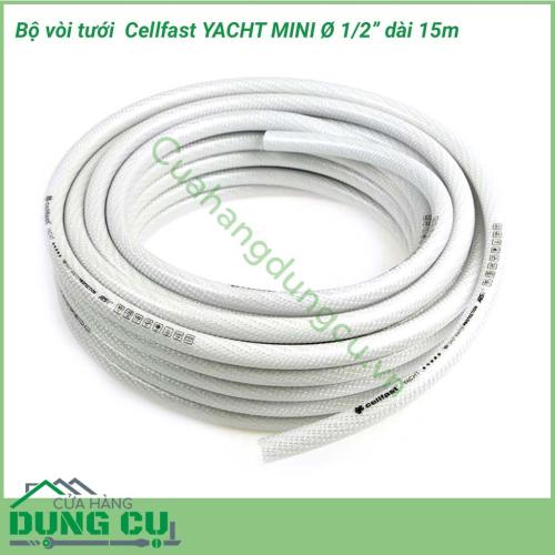 Bộ vòi tưới cây Cellfast YACHT MINI phi 1/2 inch dài 15m thiết kế gọn gàng đẹp mắt, hệ thống 15m dây cuốn gọn trong hộp cùng 1 vòi tưới cây cổ điển  tích hợp 4 chế độ phun tưới tiện dụng thích hợp cho những khu nhà vườn, biệt thự. 