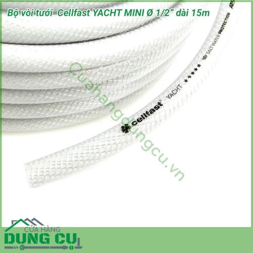 Bộ vòi tưới cây Cellfast YACHT MINI phi 1/2 inch dài 15m thiết kế gọn gàng đẹp mắt, hệ thống 15m dây cuốn gọn trong hộp cùng 1 vòi tưới cây cổ điển  tích hợp 4 chế độ phun tưới tiện dụng thích hợp cho những khu nhà vườn, biệt thự. 